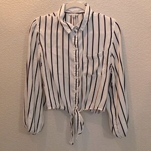 American Eagle black and white striped button up blouse with tie front